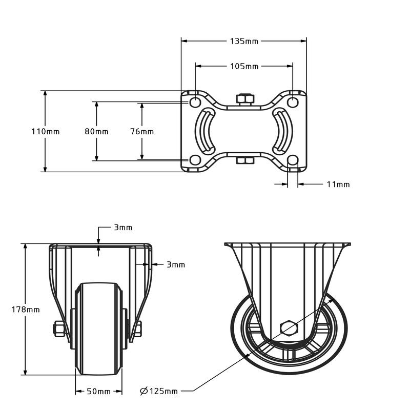 Rubber zwenkwiel met rem 125 mm - kogellager - 300 kg