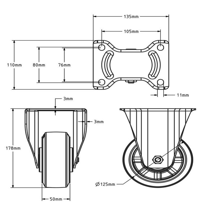 Rubber bokwiel 125 mm - kogellager - 300 kg