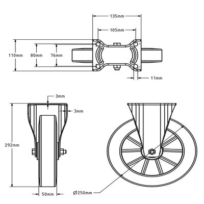 Rubber bokwiel 250 mm - kogellager - 500 kg