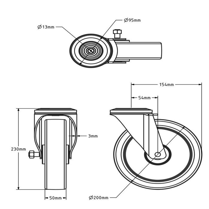 Zwart zwenkwiel 200 mm - rollager - 400 kg