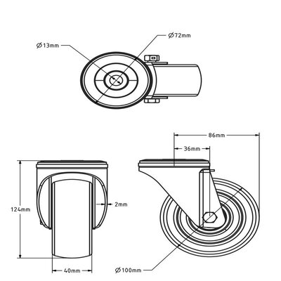 PU zwenkwiel 100 mm - kogellager - 200 kg
