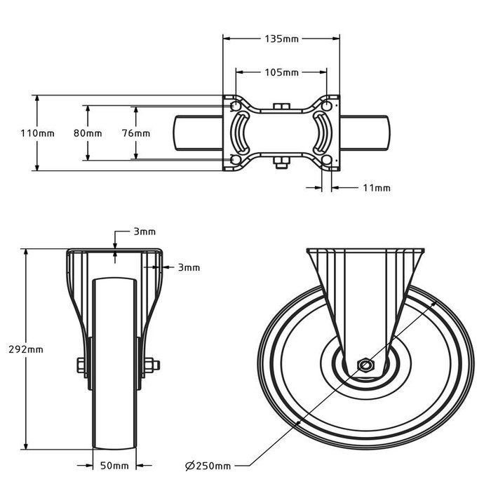 Nylon bokwiel 250 mm - kogellager - 1200 kg