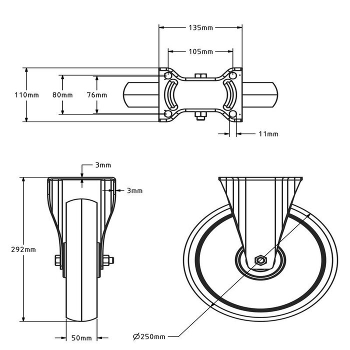 Nylon zwaarlast bokwiel 250 mm - 1200 kg