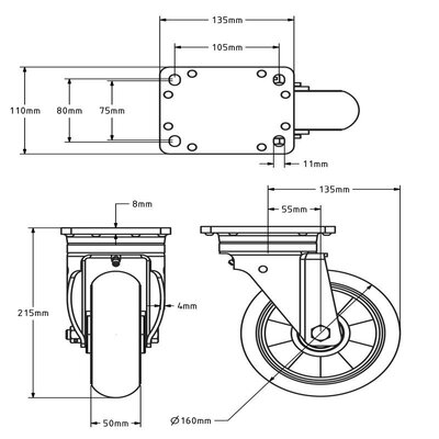 Gebolleerd PU zwenkwiel 160 mm - 510 kg