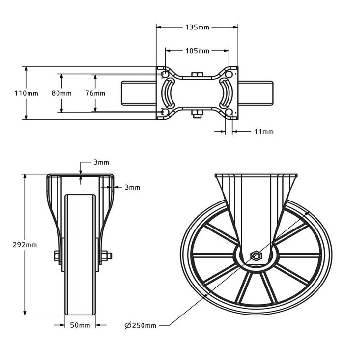 PU bokwiel 250 mm - kogellager - 1000 kg