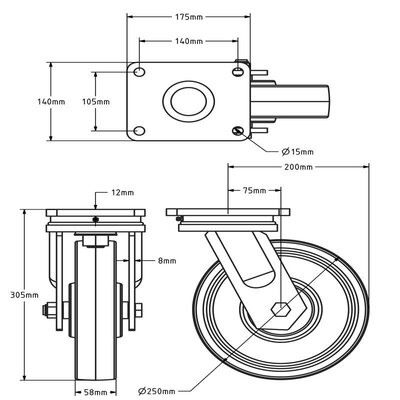 Zwaarlast nylon zwenkwiel 250 mm - kogellager - 1700 kg