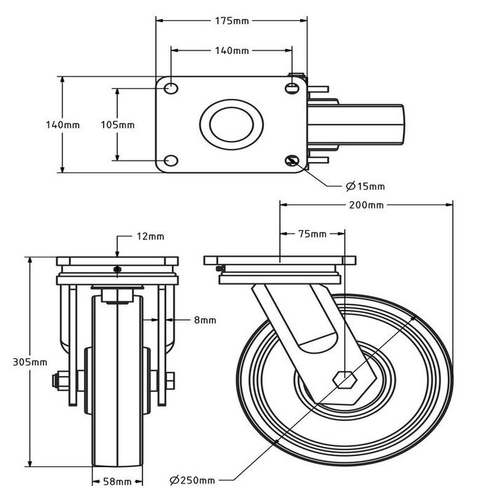 Zwaarlast nylon zwenkwiel 250 mm - kogellager - 1700 kg