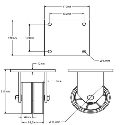 PU bokwiel 150 mm - kogellager - 1000 kg