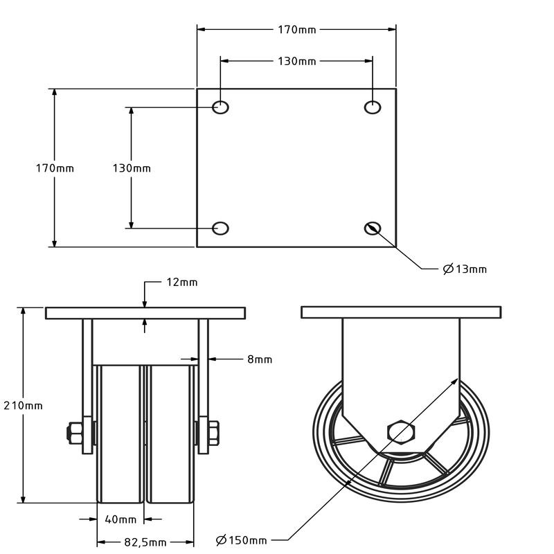 PU bokwiel 150 mm - kogellager - 1000 kg