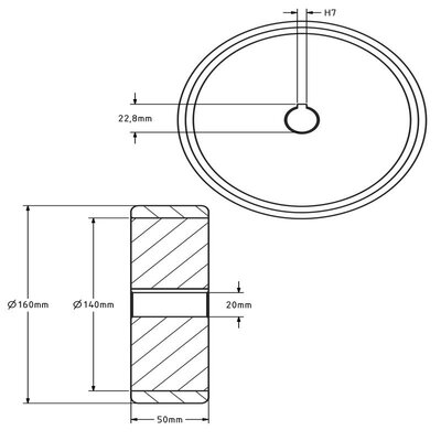 Polyurethaan aandrijfwiel 160x50 mm - Boring 20 H7 spiebaan - 800 kg