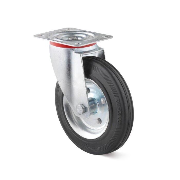 Volrubber zwenkwiel 200 mm - stalen velg en plaat - 205 kg