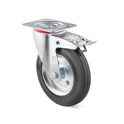Volrubber zwenkwiel met rem 200 mm - stalen velg en plaat - 205 kg