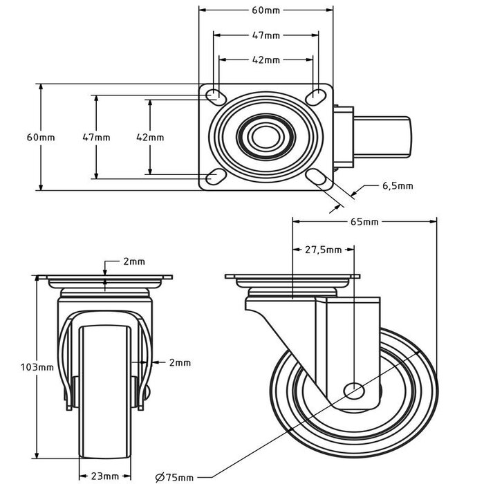 Rvs zwenkwiel 75 mm - Rubber - 60 kg