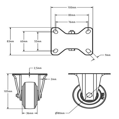 Rvs bokwiel 80 - Elastisch rubber - 110 kg
