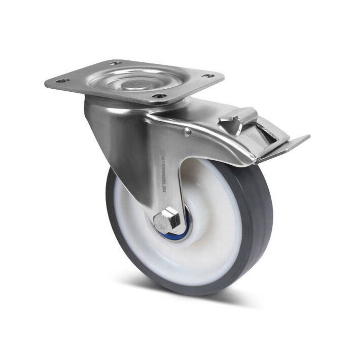Rvs zwenkwiel met rem 160 mm - kogellager - 450 kg