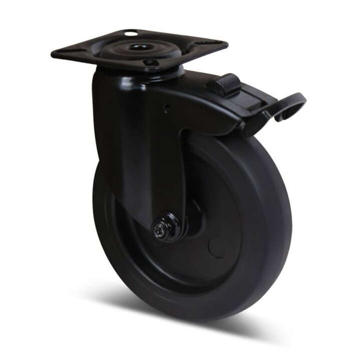 Zwart zwenkwiel met rem 100 mm - plaat - 80 kg