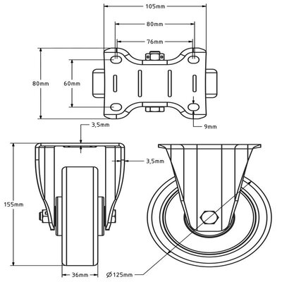 Rubber bokwiel 125 mm - kogellager - 250 kg