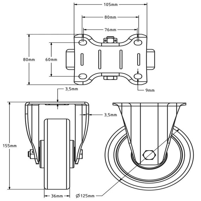 Rubber bokwiel 125 mm - kogellager - 250 kg