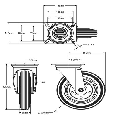 Volrubber zwenkwiel 200 mm - stalen velg en plaat - 205 kg