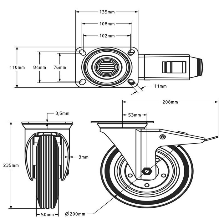 Volrubber zwenkwiel met rem 200 mm - stalen velg en plaat - 205 kg