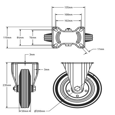 Volrubber bokwiel 200 mm - stalen velg en plaat - 205 kg