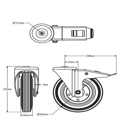 Volrubber zwenkwiel met rem 200 mm - stalen velg en boutgat - 205 kg
