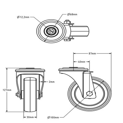 Rvs zwenkwiel 100 mm - Rubber - 100 kg