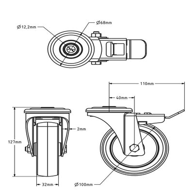 Rvs zwenkwiel met rem 100 mm - Rubber - 100 kg