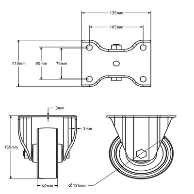 Rvs bokwiel 125 mm - Nylon - 500  kg