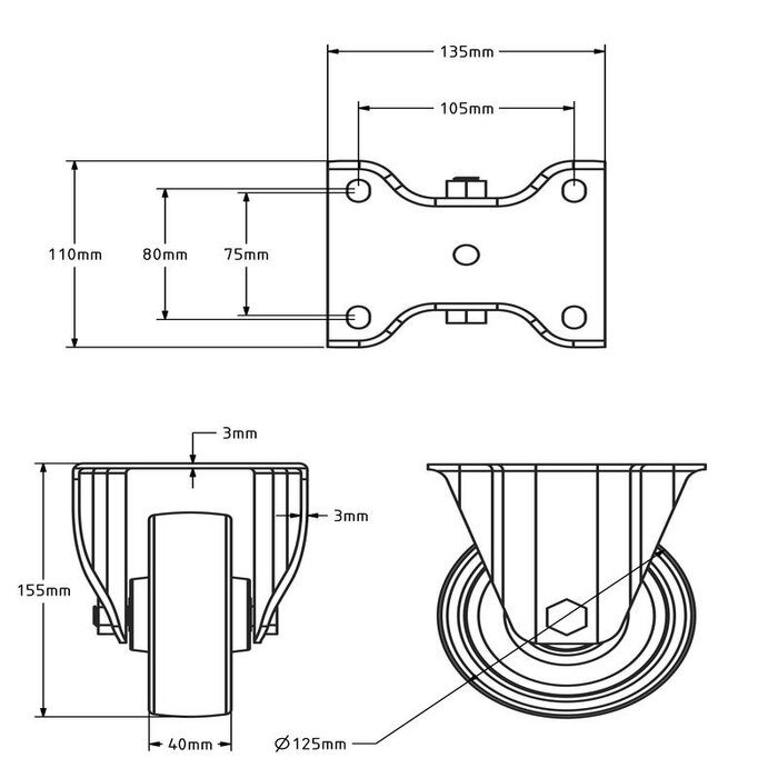 Rvs bokwiel 125 mm - Nylon - 500  kg