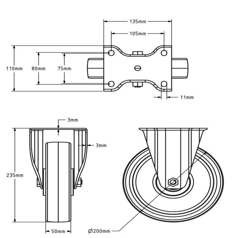 Rvs PU bokwiel 200 mm - kogellager - 500 kg