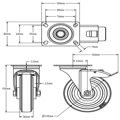 Rvs zwenkwiel met rem 125 - Elastisch rubber - 190 kg