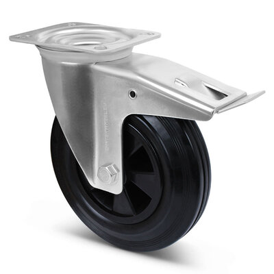 Rubber zwenkwiel met rem 160 mm - rollager - 140 kg