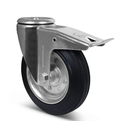 Volrubber zwenkwiel met rem 200 mm - stalen velg en boutgat - 205 kg