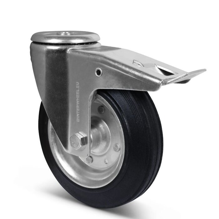 Volrubber zwenkwiel met rem 200 mm - stalen velg en boutgat - 205 kg