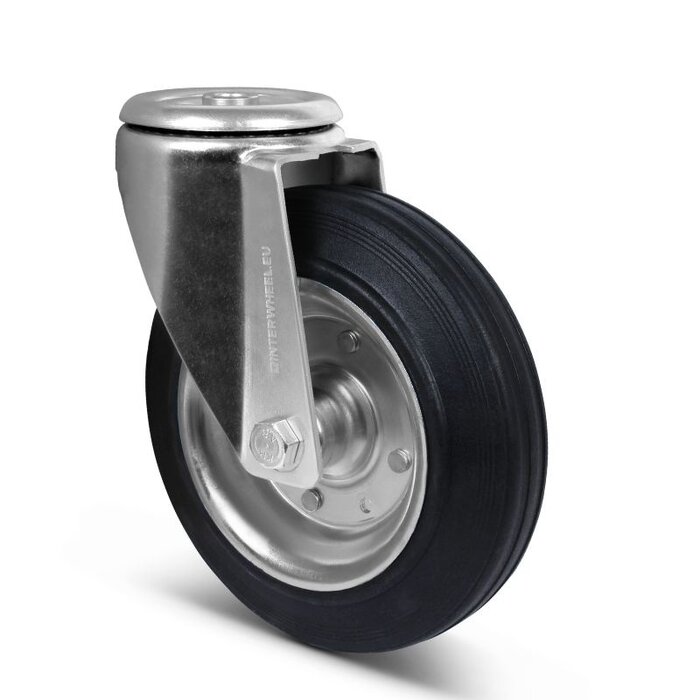 Rubber zwenkwiel 200 mm - stalen velg en boutgat - 205 kg