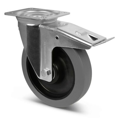 Rubber zwenkwiel met rem 200 mm - kogellager - 400 kg