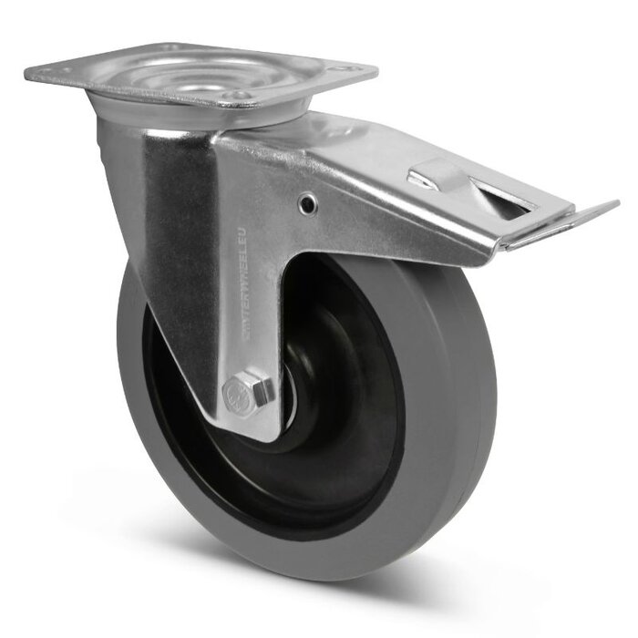 Rubber zwenkwiel met rem 200 mm - kogellager - 400 kg