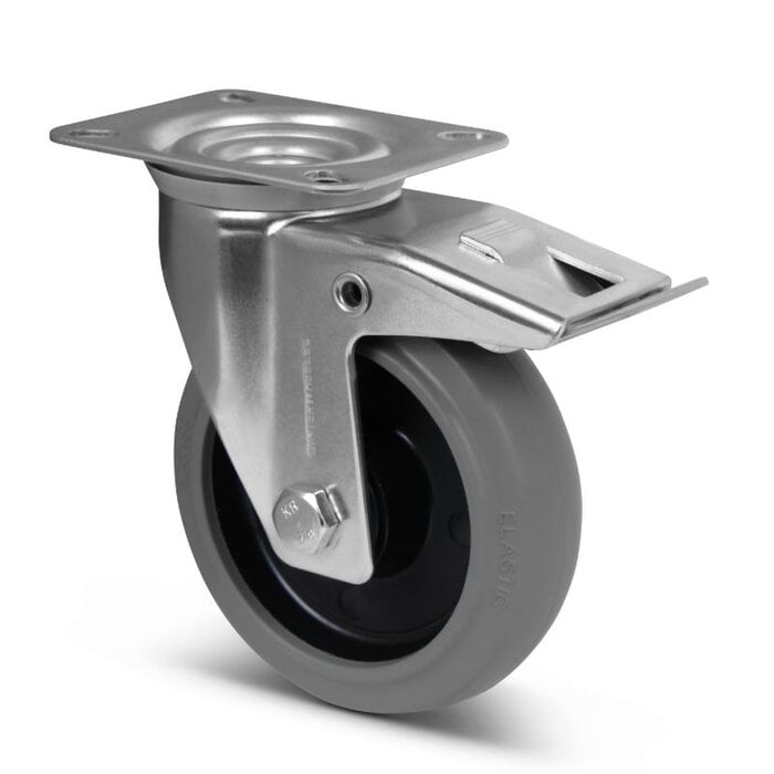 Rubber zwenkwiel met rem 125 mm - kogellager - 220 kg