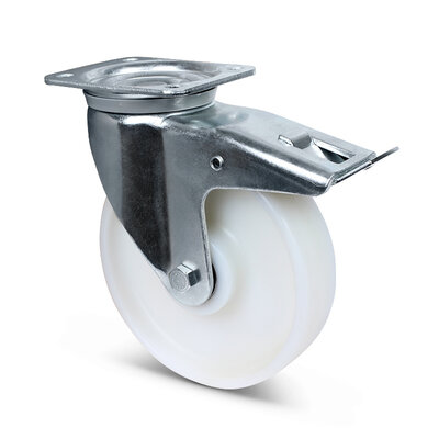 Nylon zwenkwiel met rem 200 mm - kogellager - 800 kg