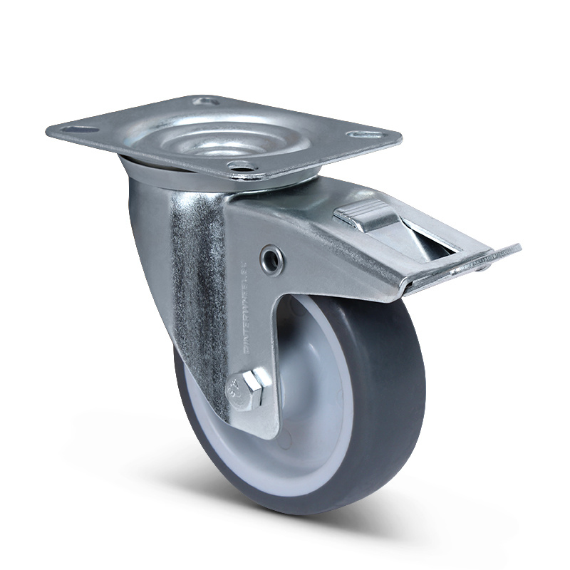 TPR rubber zwenkwiel met rem 100 mm - rogellager - 100 kg