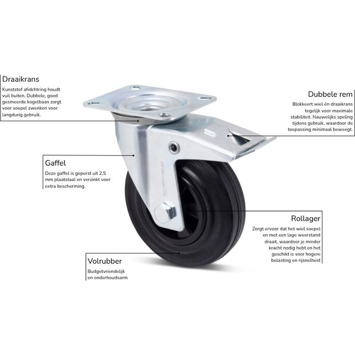 Rubber zwenkwiel met rem 100 mm - rollager - 70 kg