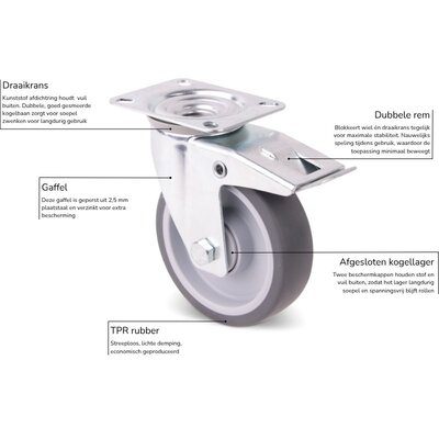 Rubber zwenkwiel met rem 100 mm - kogellager - 100 kg