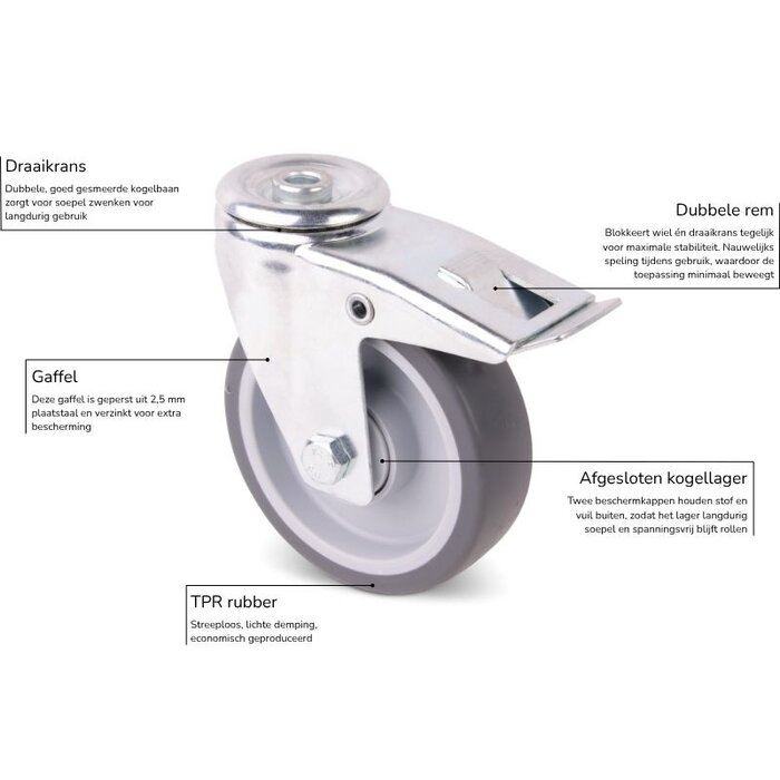 Rubber zwenkwiel met rem 100 mm - kogellager - 100 kg