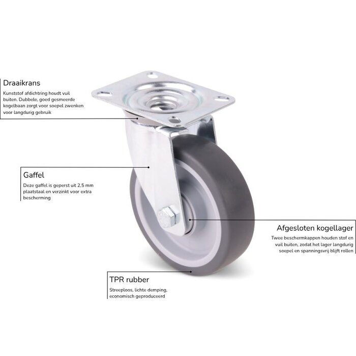 Rubber zwenkwiel 100 mm - kogellager - 100 kg