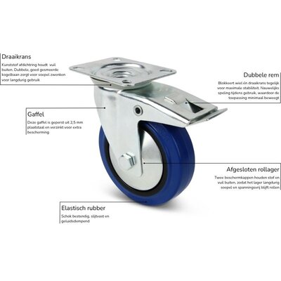 Flightcase rubber zwenkwiel met rem 125 mm - 220 kg