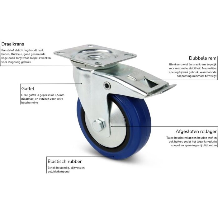 Flightcase rubber zwenkwiel met rem 125 mm - 220 kg