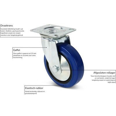 Flightcase rubber zwenkwiel 80 mm - 110 kg