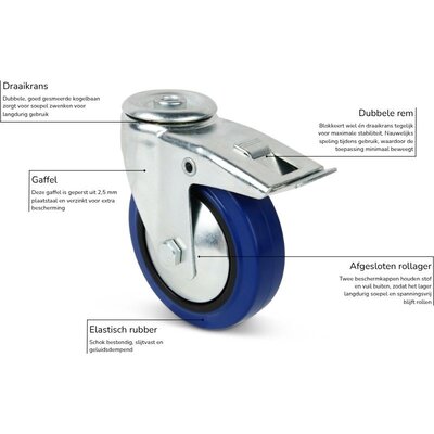 Blauw rubber zwenkwiel met rem 100 mm - 160 kg