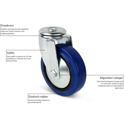 Blauw rubber zwenkwiel 100 mm - 160 kg